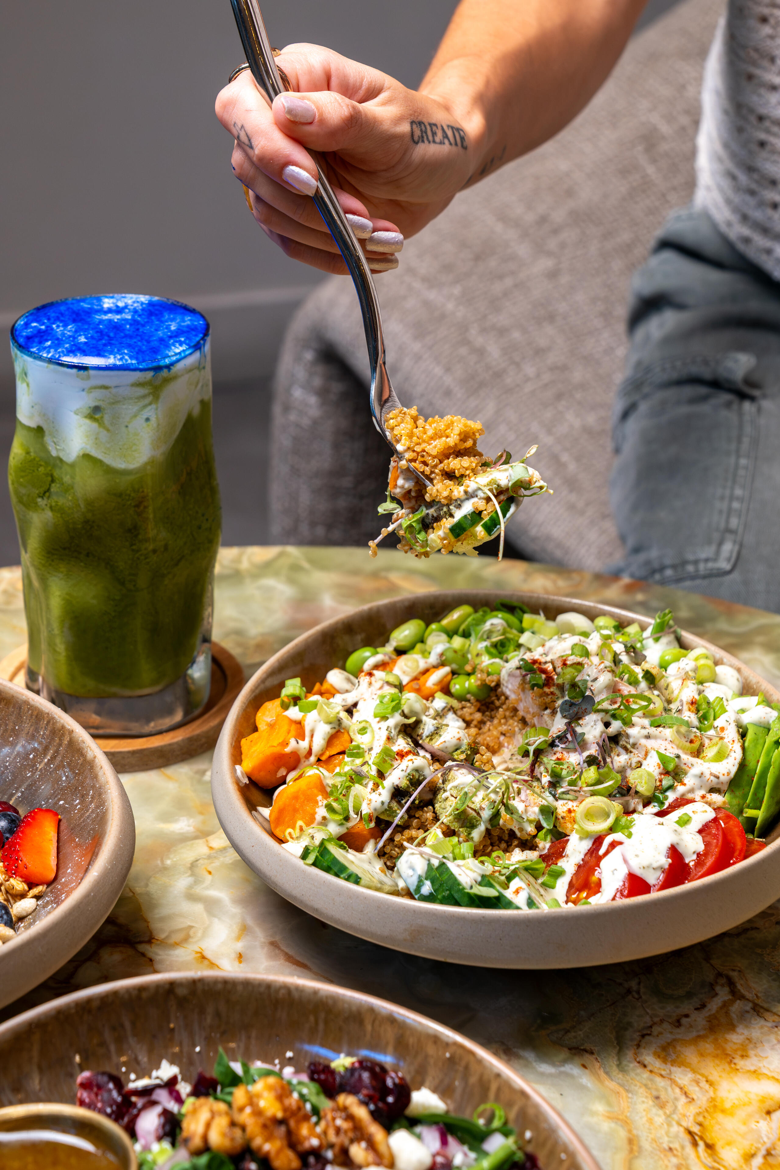 Mediterranean all-day café bowls, matcha, parfait, paninis, and more.